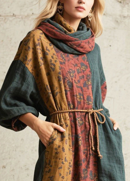 Handmade Tea Green Tunic Patchwork Cotton Holiday Dress Fall