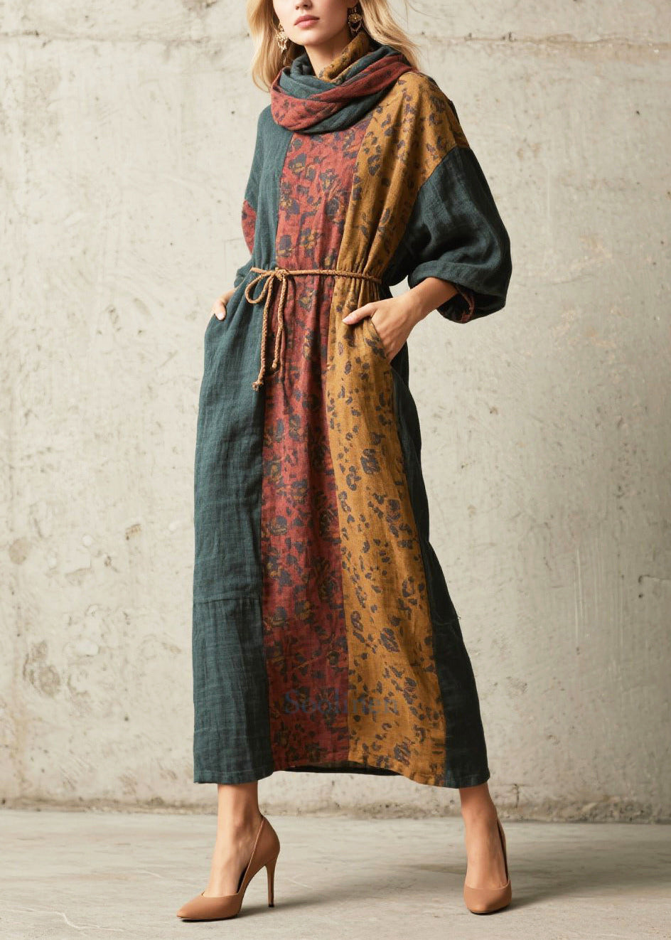 Handmade Tea Green Tunic Patchwork Cotton Holiday Dress Fall