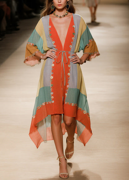 Handmade V Neck Asymmetrical Design Floral Cotton Dress Summer