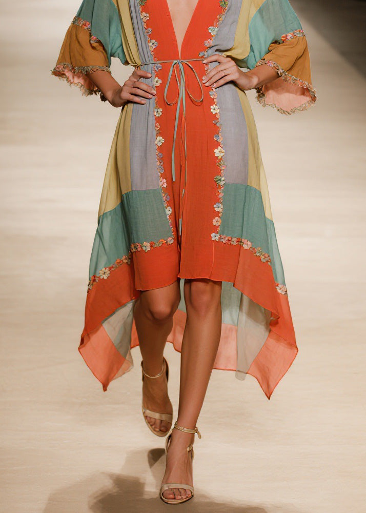 Handmade V Neck Asymmetrical Design Floral Cotton Dress Summer