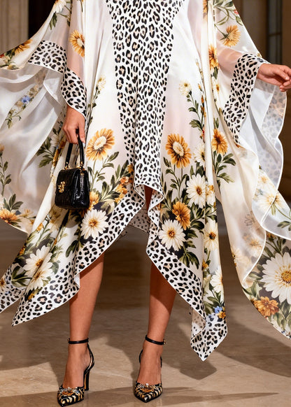 Handmade V Neck Asymmetrical Design Print Chiffon Maxi Dresses Summer