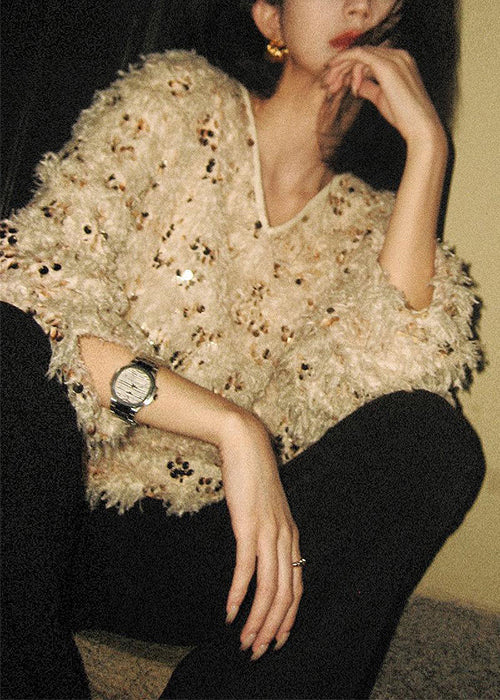 Handmade V Neck Tasseled Sequins Knit Sweaters Winter