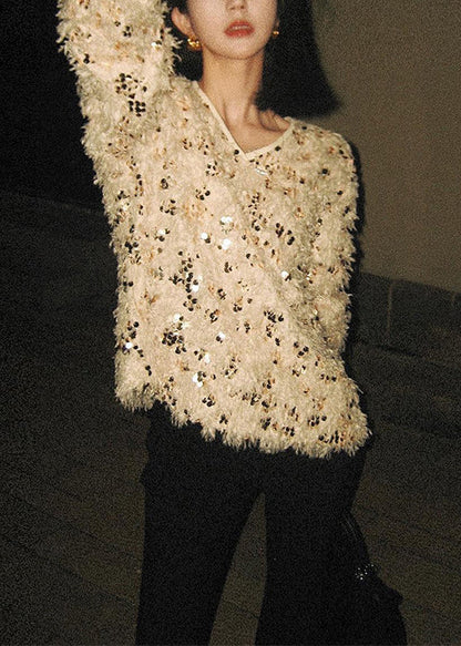 Handmade V Neck Tasseled Sequins Knit Sweaters Winter