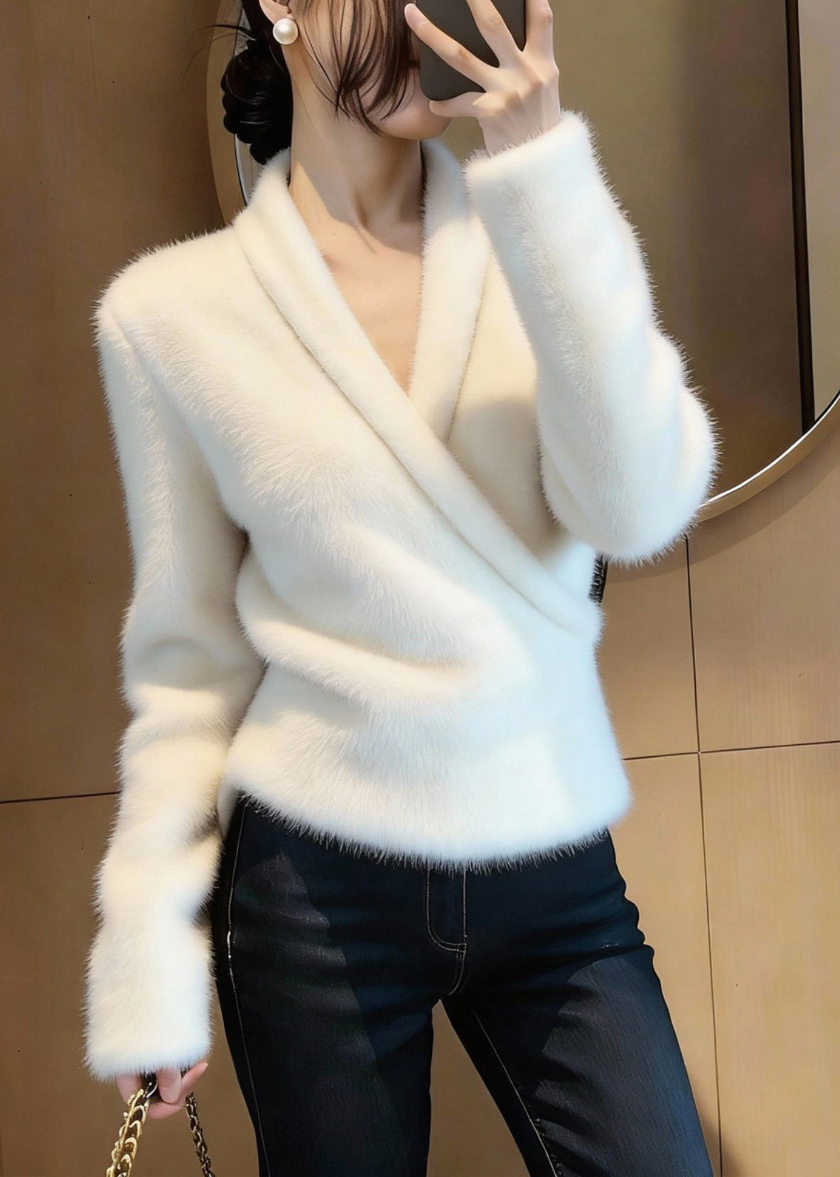 Handmade White Asymmetrical Mink Hair Knitted Sweater Tops Winter