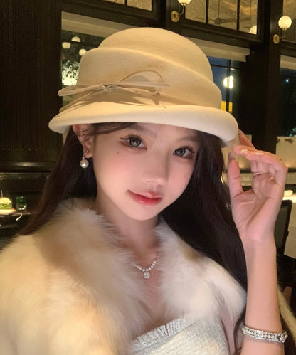 Handmade White Bow Cozy Warm Woolen Bucket Hat