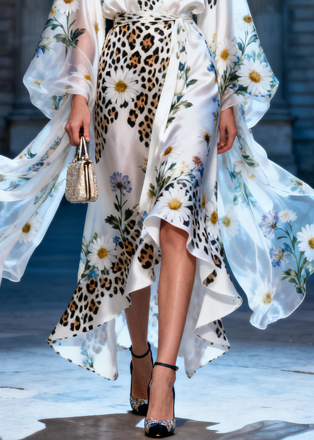 Handmade White Daisy Low High Design Silk Dress Summer