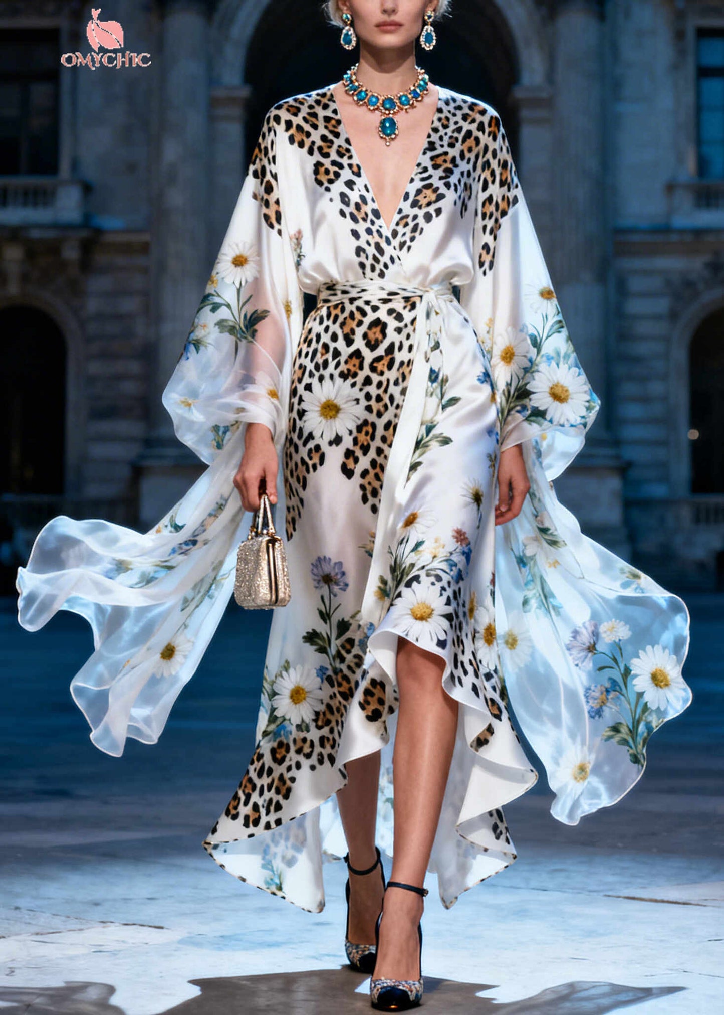 Handmade White Daisy Low High Design Silk Dress Summer