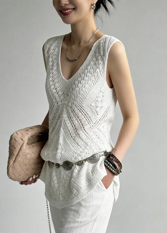 Handmade White Hollow Out Knit Beach Vest Summe