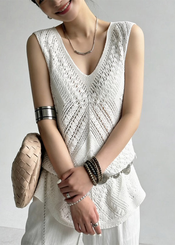 Handmade White Hollow Out Knit Beach Vest Summe