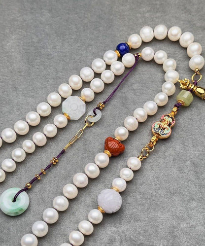 Handmade White Jade Pearl Agate Beading Tassel Sweater Lariat Necklace