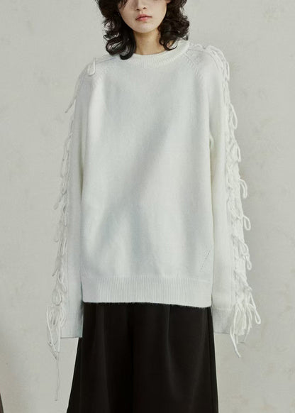 Handmade White O-Neck Cozy Cotton Knit Sweater Tops Long Sleeve