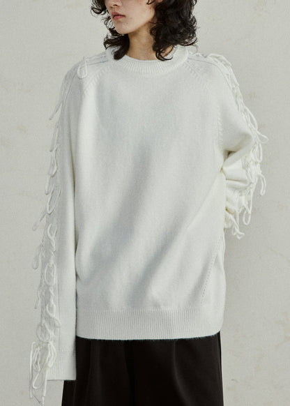 Handmade White O-Neck Cozy Cotton Knit Sweater Tops Long Sleeve