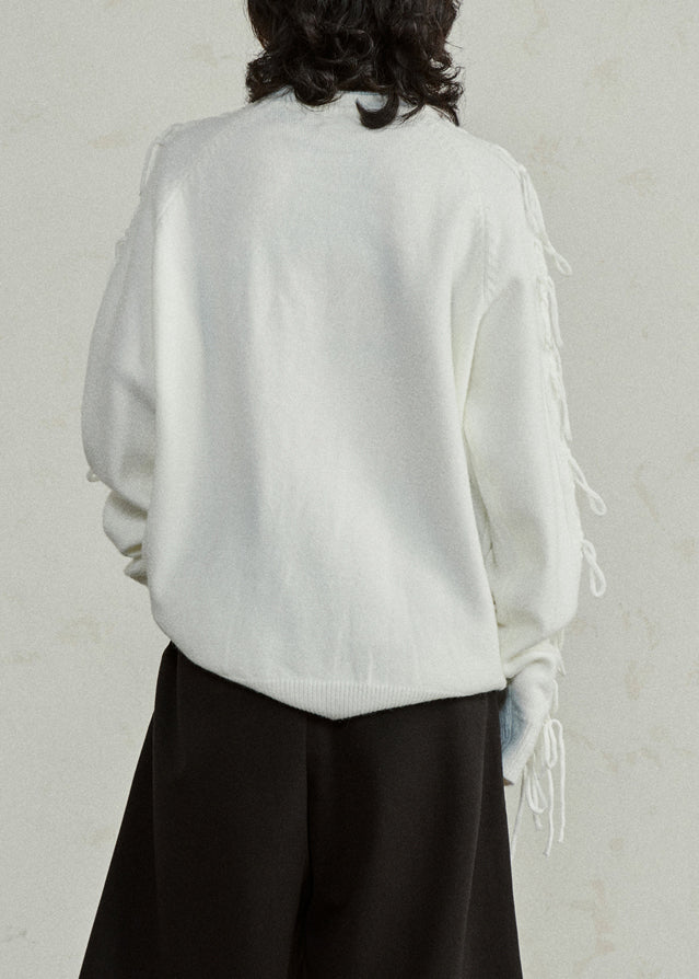 Handmade White O-Neck Cozy Cotton Knit Sweater Tops Long Sleeve