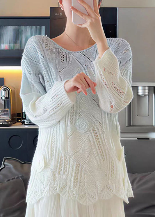 Handmade White O Neck Floral Knit Sweater Tops Fall