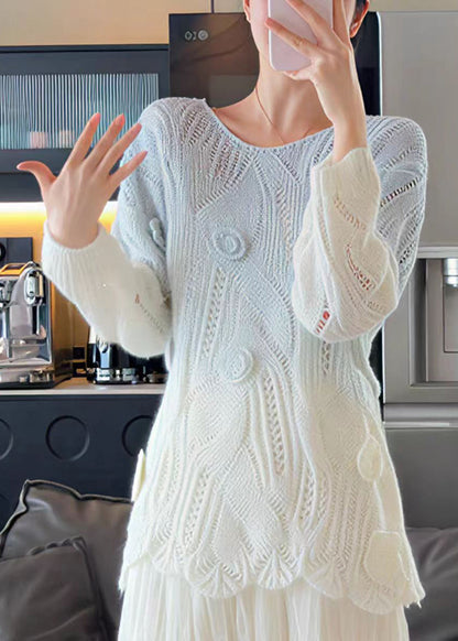 Handmade White O Neck Floral Knit Sweater Tops Fall