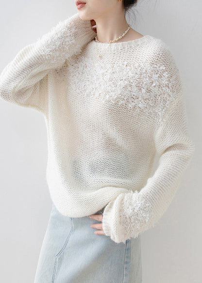 Handmade White O Neck Sequins Knitted Tops Spring