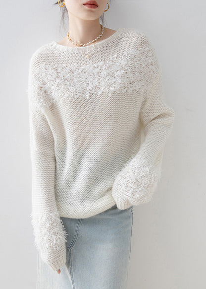 Handmade White O Neck Sequins Knitted Tops Spring