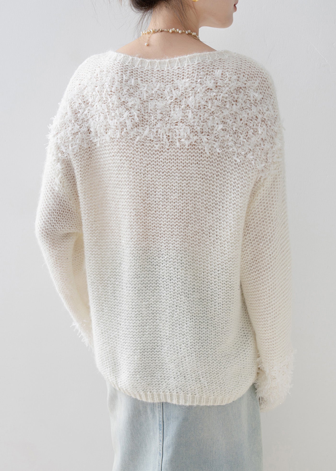 Handmade White O Neck Sequins Knitted Tops Spring