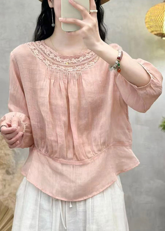 Handmade White O-Neck Wrinkled Solid Linen Top Summer