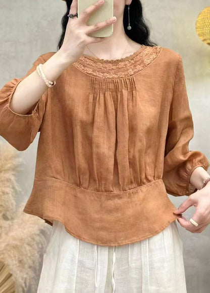 Handmade White O-Neck Wrinkled Solid Linen Top Summer