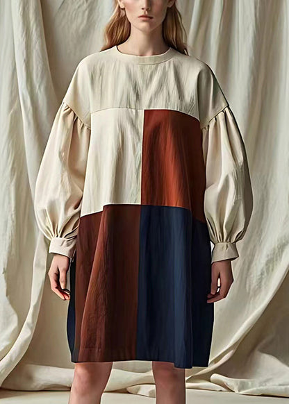Handmade White Oversized Patchwork Cotton Dress Puff Sleeve