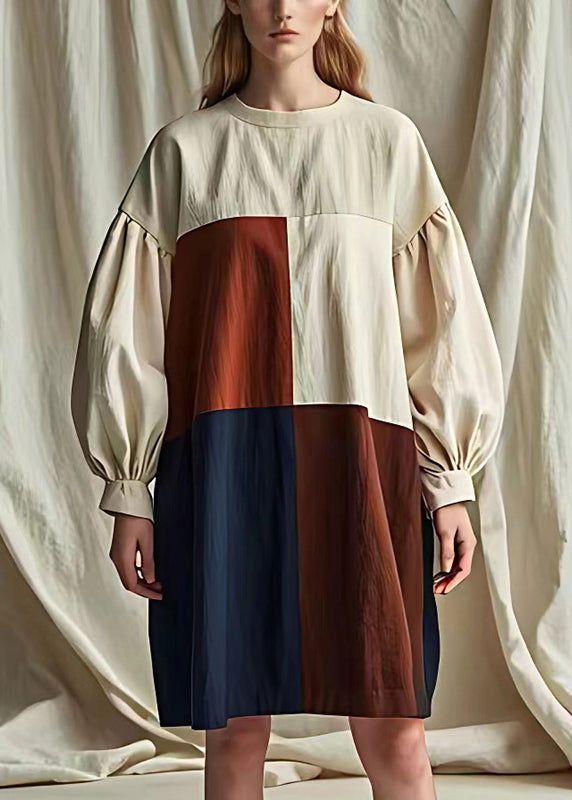 Handmade White Oversized Patchwork Cotton Dress Puff Sleeve