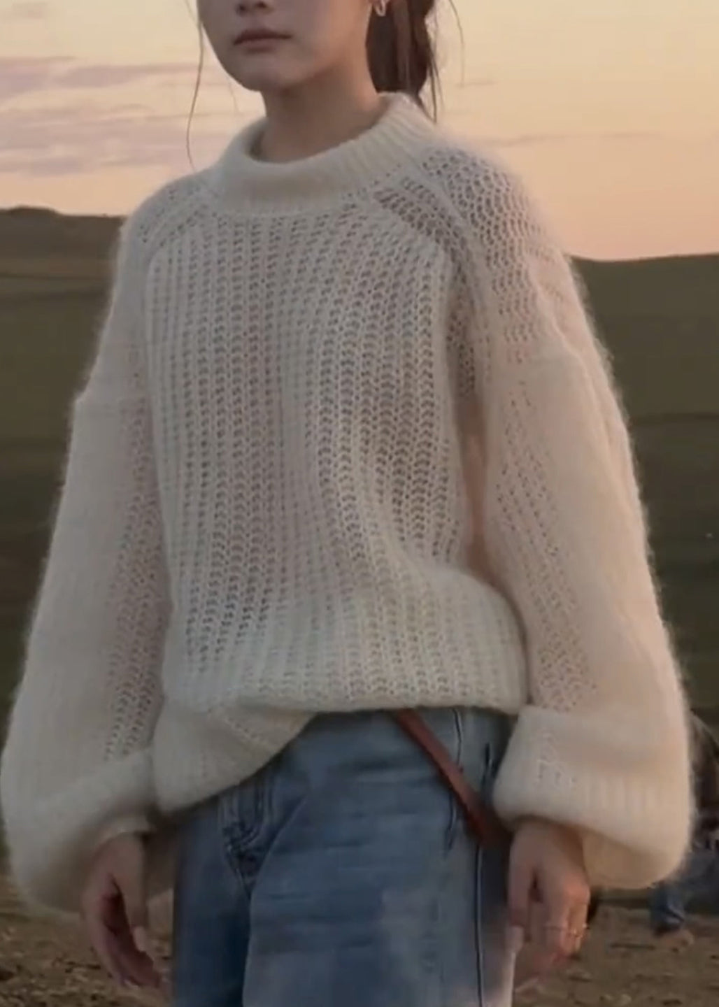 Handmade White Patchwork Solid Cotton Knit Sweaters Spring