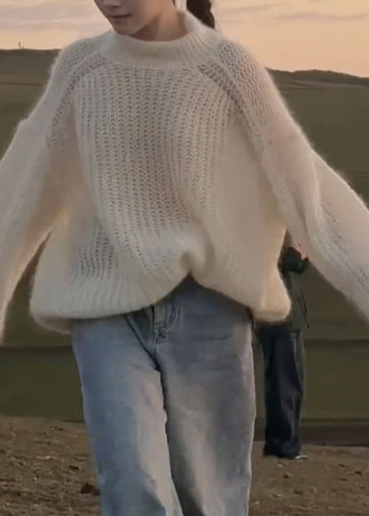 Handmade White Patchwork Solid Cotton Knit Sweaters Spring