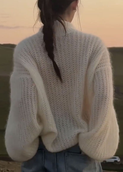 Handmade White Patchwork Solid Cotton Knit Sweaters Spring