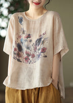 Handmade White Print Ramie T Shirt Short Sleeve