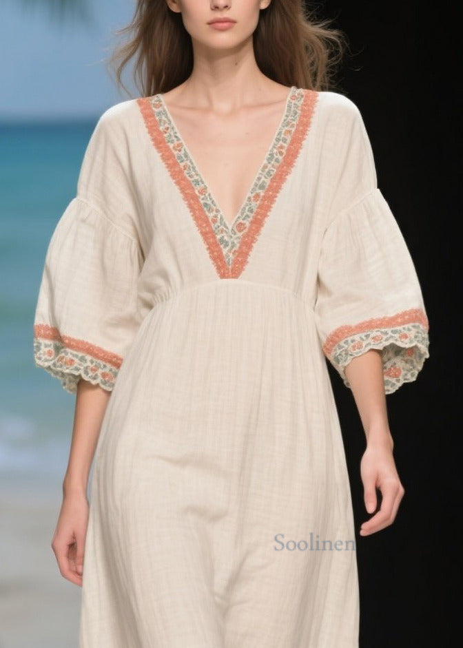 Handmade White Puff Sleeve Patchwork Linen Long Dress