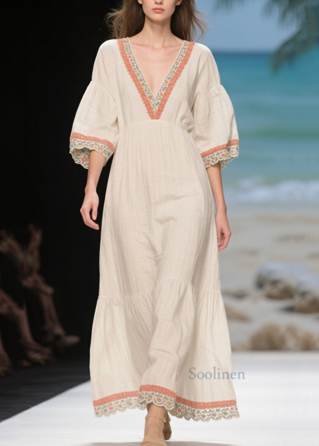 Handmade White Puff Sleeve Patchwork Linen Long Dress