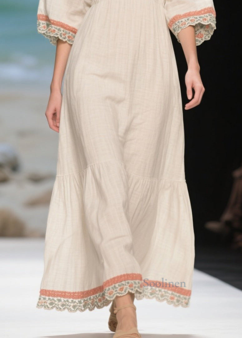 Handmade White Puff Sleeve Patchwork Linen Long Dress