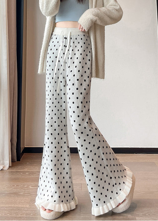 Handmade White Ruffled Patchwork Dot Knit Flared Pants Winter
