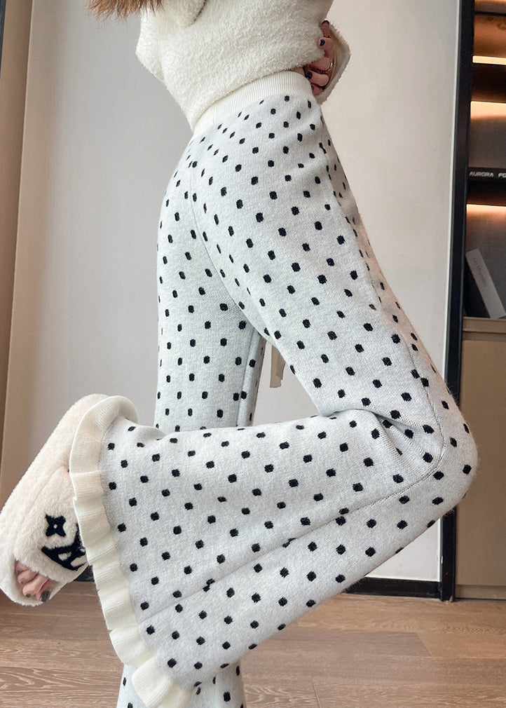 Handmade White Ruffled Patchwork Dot Knit Flared Pants Winter