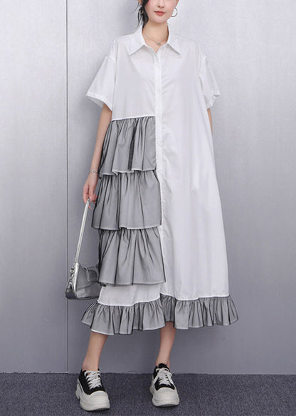 Handmade White Ruffled Patchwork Maxi Dress Short Sleeve