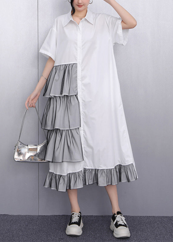 Handmade White Ruffled Patchwork Maxi Dress Short Sleeve