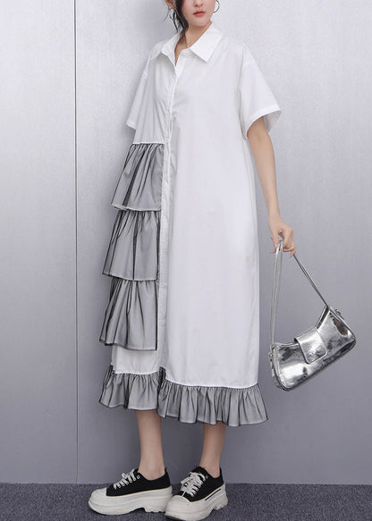 Handmade White Ruffled Patchwork Maxi Dress Short Sleeve