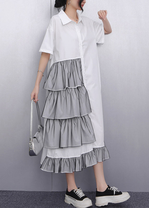 Handmade White Ruffled Patchwork Maxi Dress Short Sleeve