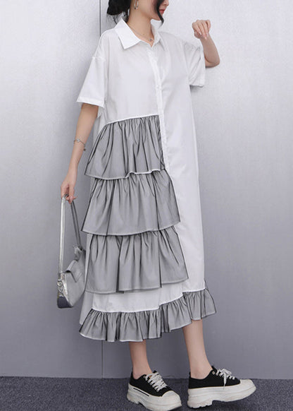 Handmade White Ruffled Patchwork Maxi Dress Short Sleeve