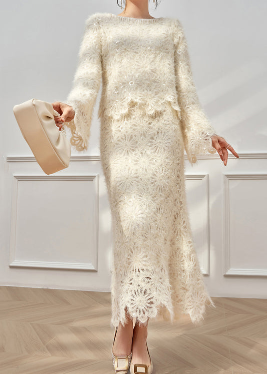 Handmade White Sequins Lace Knit Two Pieces Set Flare Sleeve
