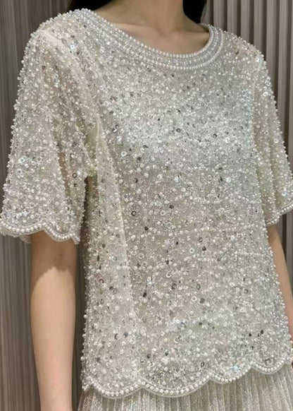 Handmade White Sequins Pearl Tulle Tops Summer