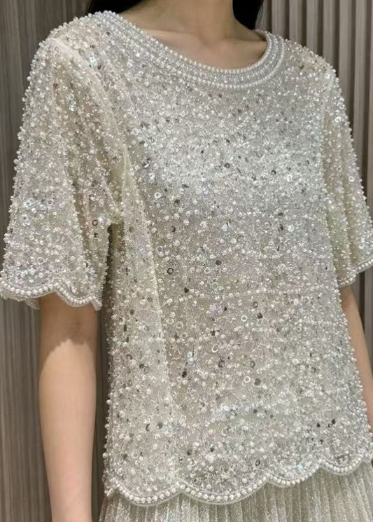 Handmade White Sequins Pearl Tulle Tops Summer
