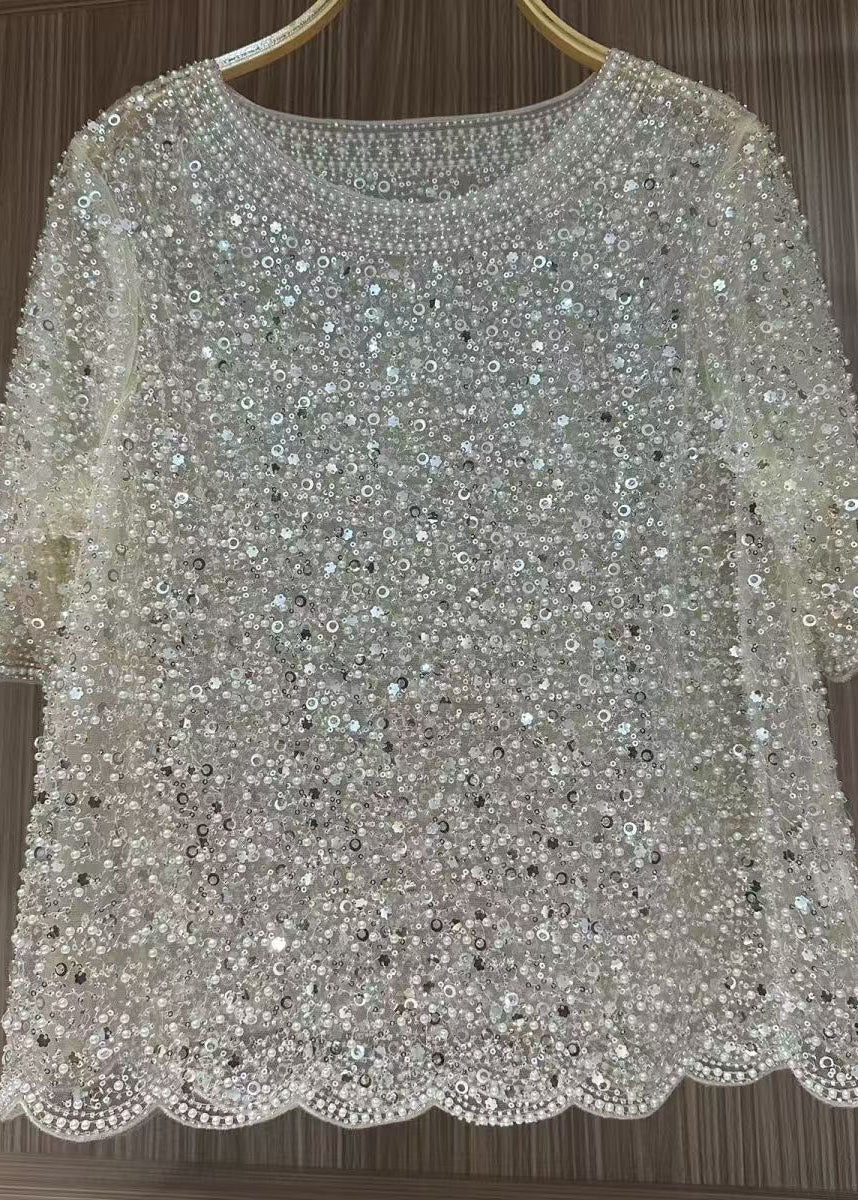 Handmade White Sequins Pearl Tulle Tops Summer