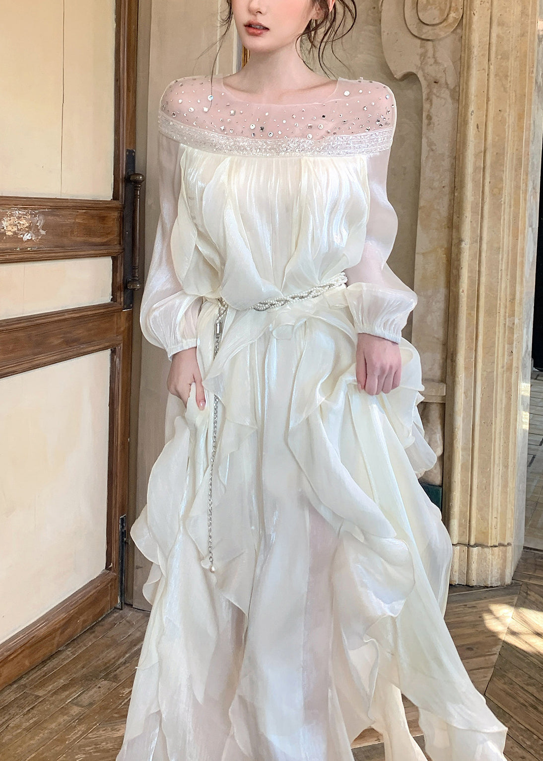 Handmade White Sequins Slash Neck Chiffon Dresses Summer