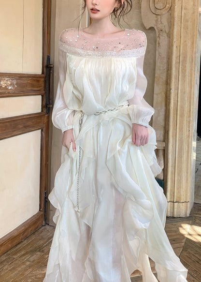 Handmade White Sequins Slash Neck Chiffon Dresses Summer