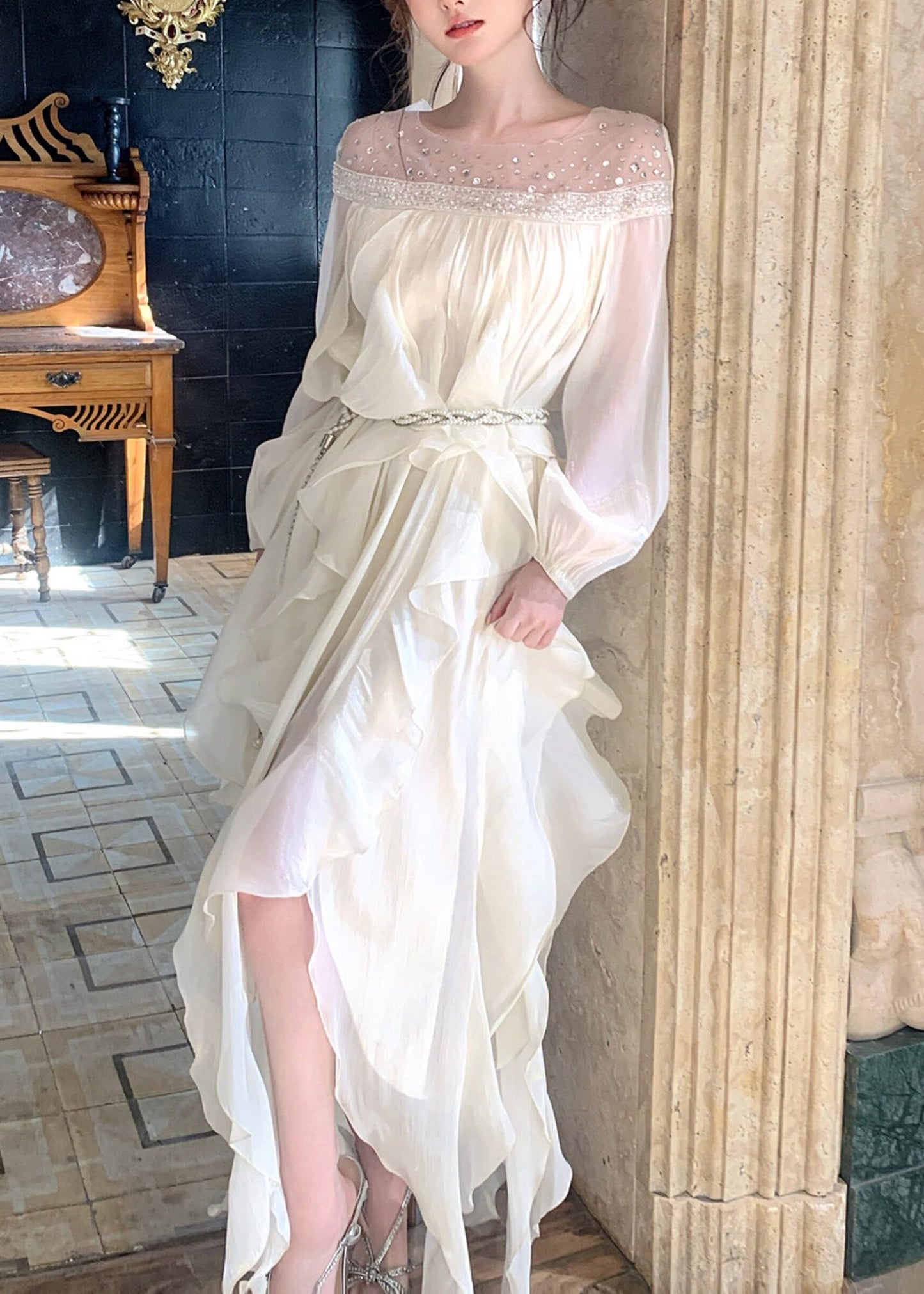 Handmade White Sequins Slash Neck Chiffon Dresses Summer