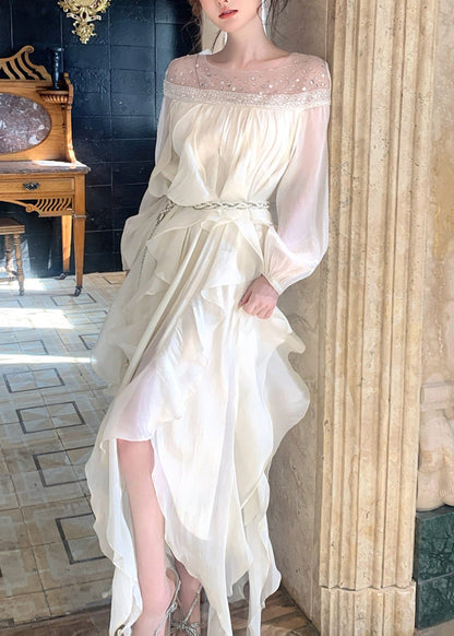 Handmade White Sequins Slash Neck Chiffon Dresses Summer