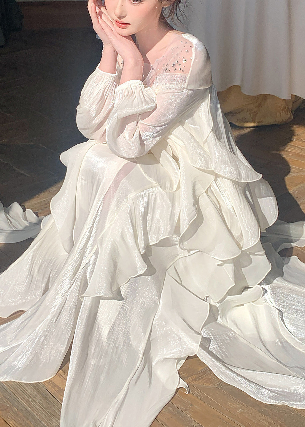 Handmade White Sequins Slash Neck Chiffon Dresses Summer