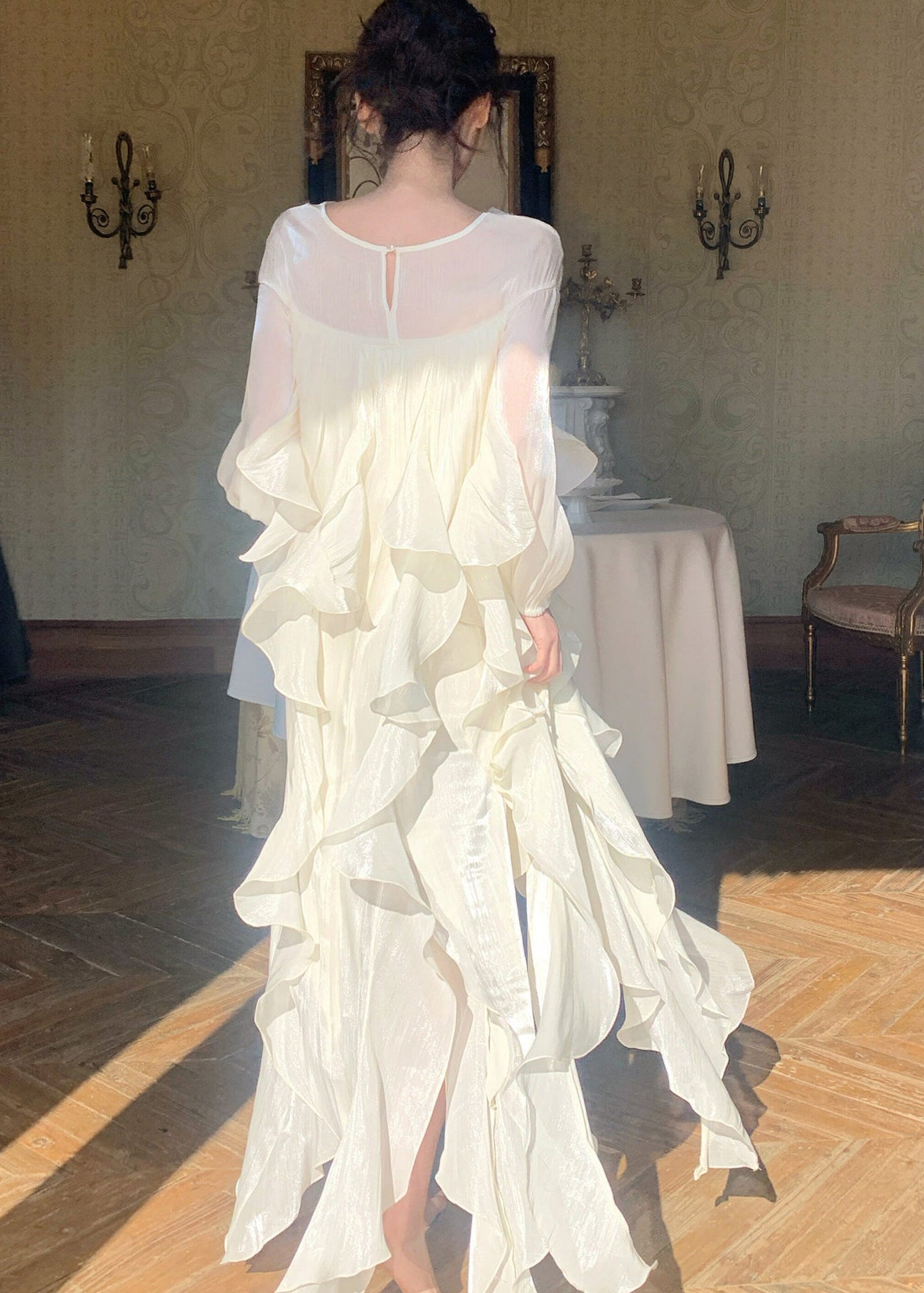 Handmade White Sequins Slash Neck Chiffon Dresses Summer